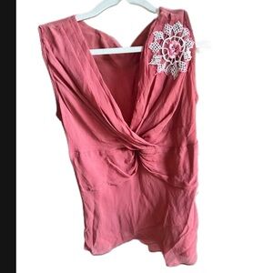 Cottagecore Pink silk Sleeveless Top with Lace Detail